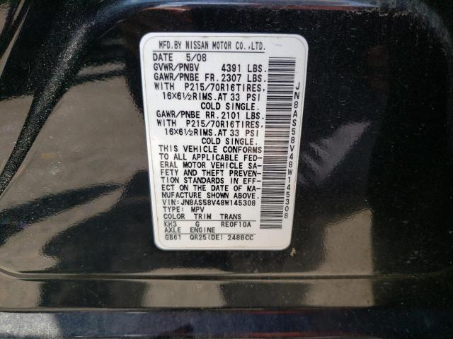 JN8AS58V48W145308 - 2008 NISSAN ROGUE S BLACK photo 12