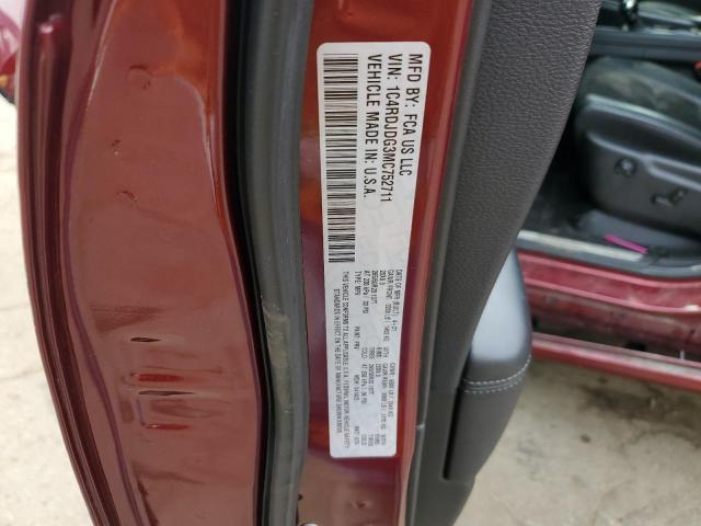 1C4RDJDG3MC752711 - 2021 DODGE DURANGO GT RED photo 12