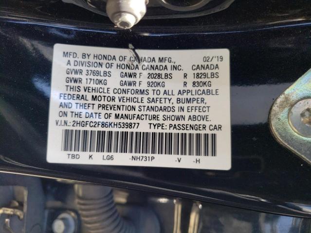 2HGFC2F86KH539877 - 2019 HONDA CIVIC SPORT BLACK photo 12