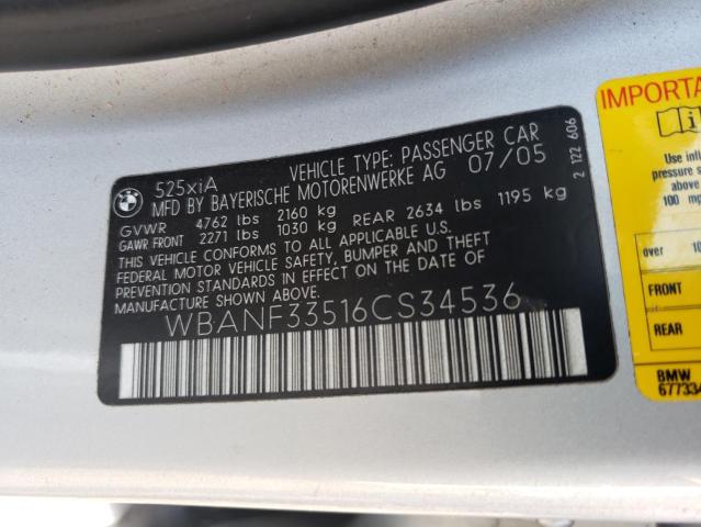 WBANF33516CS34536 - 2006 BMW 525 XI SILVER photo 12