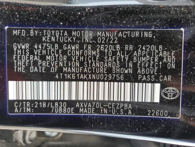 4T1K61AKXNU029756 - 2022 TOYOTA CAMRY XSE BLACK photo 13