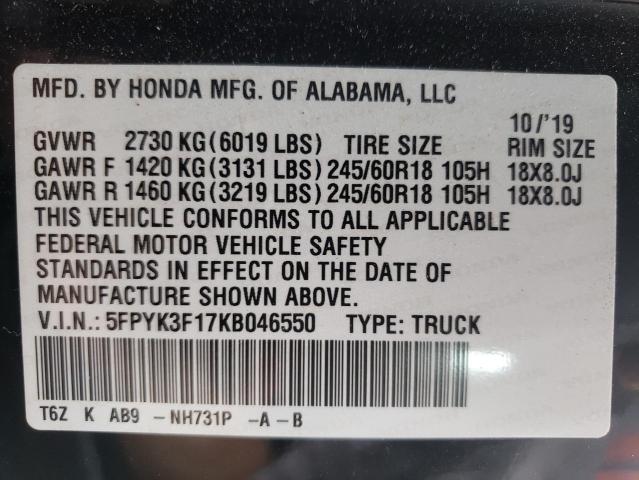 5FPYK3F17KB046550 - 2019 HONDA RIDGELINE SPORT BLACK photo 10