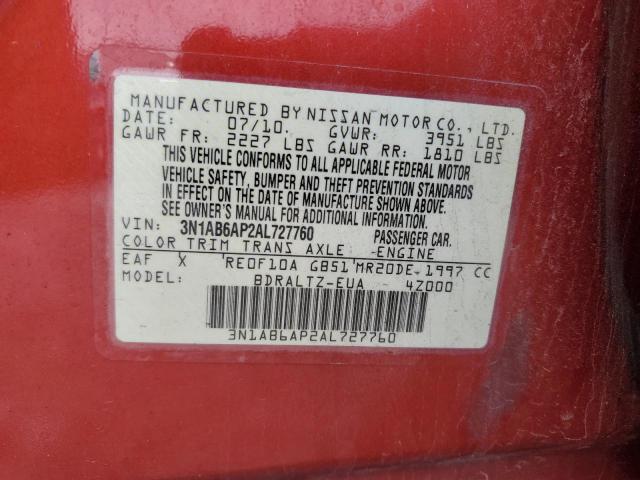 3N1AB6AP2AL727760 - 2010 NISSAN SENTRA 2.0 RED photo 12