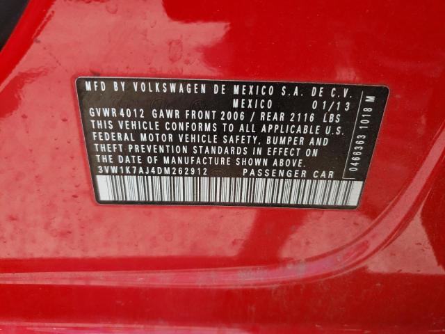 3VW1K7AJ4DM262912 - 2013 VOLKSWAGEN JETTA BASE 红色 照片 12