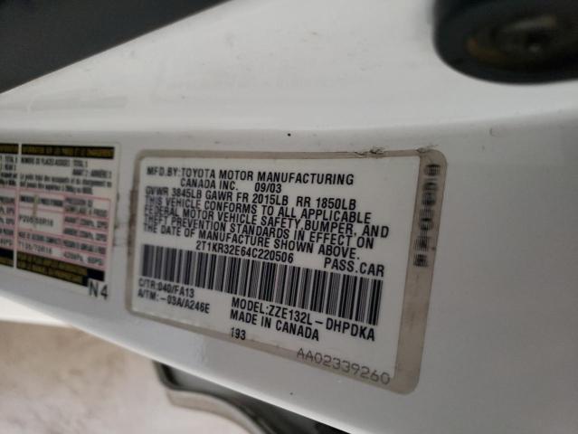 2T1KR32E64C220506 - 2004 TOYOTA COROLLA MA XR WHITE photo 12