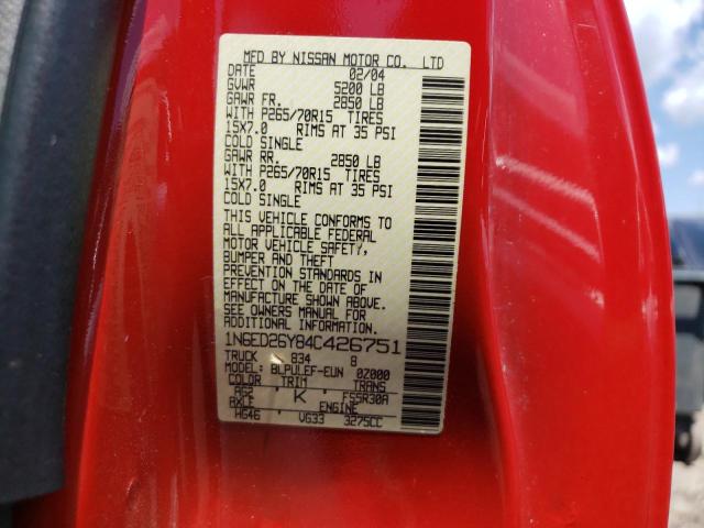 1N6ED26Y84C426751 - 2004 NISSAN FRONTIER KING CAB XE V6 RED photo 12