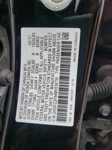 2HGFC2F84MH539735 - 2021 HONDA CIVIC SPORT BLACK photo 10