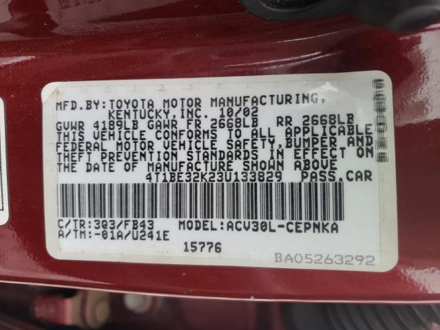 4T1BE32K23U133829 - 2003 TOYOTA CAMRY LE RED photo 10