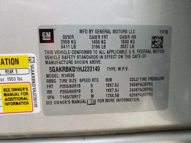 5GAKRBKD1HJ220149 - 2017 BUICK ENCLAVE SILVER photo 10