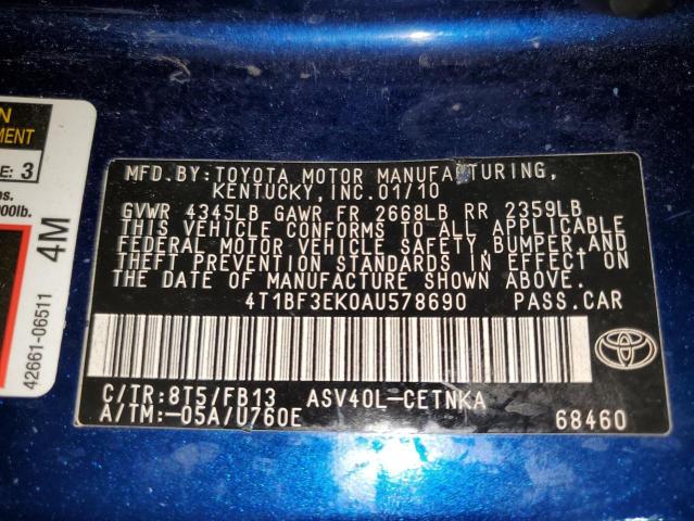 4T1BF3EK0AU578690 - 2010 TOYOTA CAMRY BASE BLUE photo 12