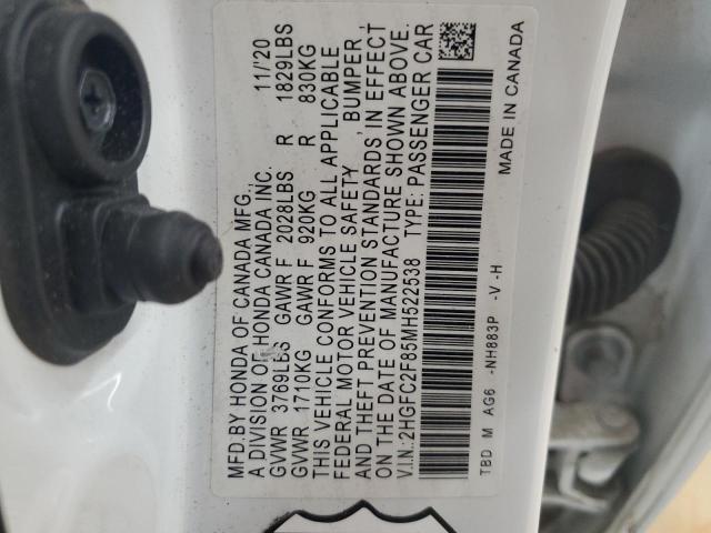 2HGFC2F85MH522538 - 2021 HONDA CIVIC SPORT WHITE photo 12