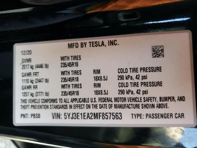 5YJ3E1EA2MF857563 - 2021 TESLA MODEL 3 BLACK photo 12