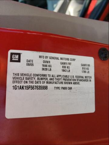 1G1AK15F567635998 - 2006 CHEVROLET COBALT LS RED photo 10