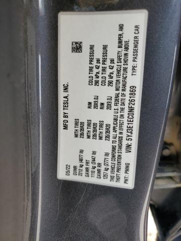 5YJ3E1EC0NF261869 - 2022 TESLA MODEL 3 GRAY photo 12