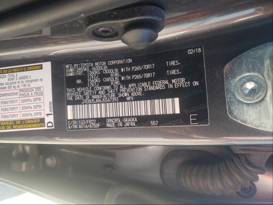 JTEBU5JR6J5547393 - 2018 TOYOTA 4RUNNER SR5/SR5 PREMIUM 黑色 照片 10