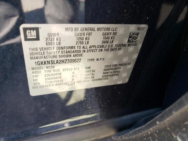 1GKKNSLA2HZ309622 - 2017 GMC ACADIA SLE BLUE photo 10