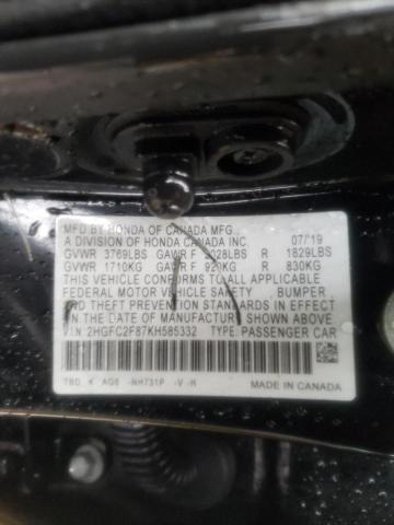 2HGFC2F87KH585332 - 2019 HONDA CIVIC SPORT შავი ფოტო 10