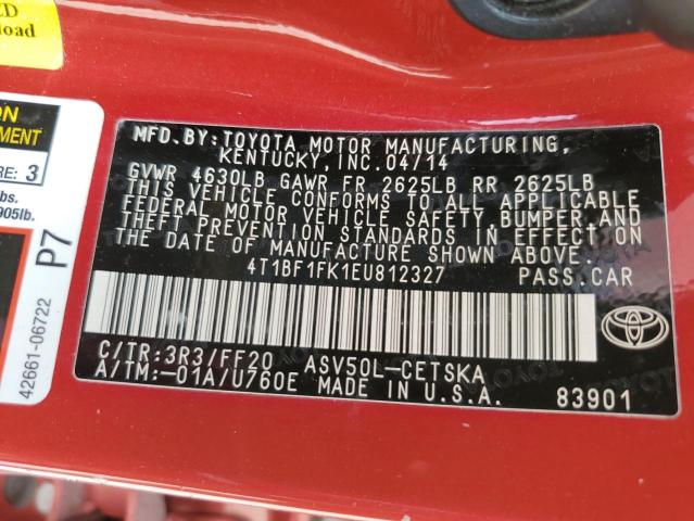 4T1BF1FK1EU812327 - 2014 TOYOTA CAMRY L RED photo 12