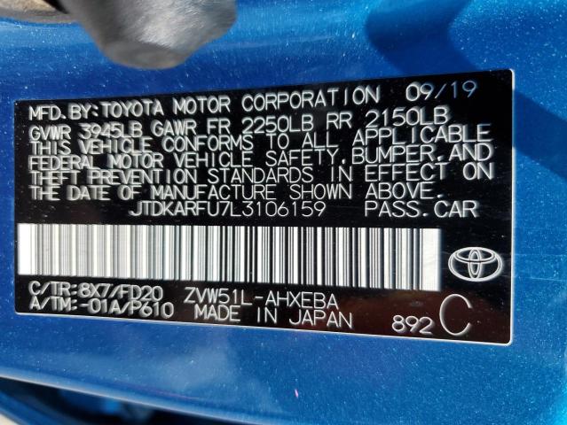 JTDKARFU7L3106159 - 2020 TOYOTA PRIUS L BLUE photo 13