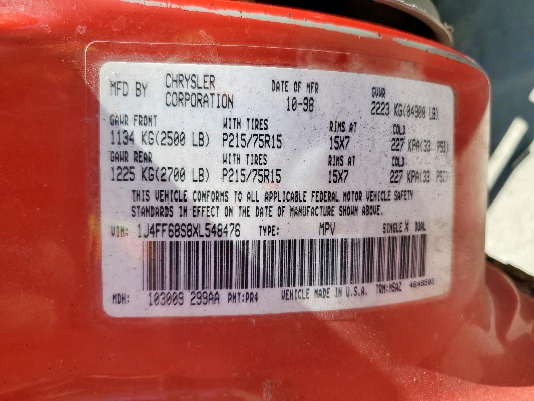 1J4FF68S8XL548476 - 1999 JEEP CHEROKEE SPORT RED photo 13