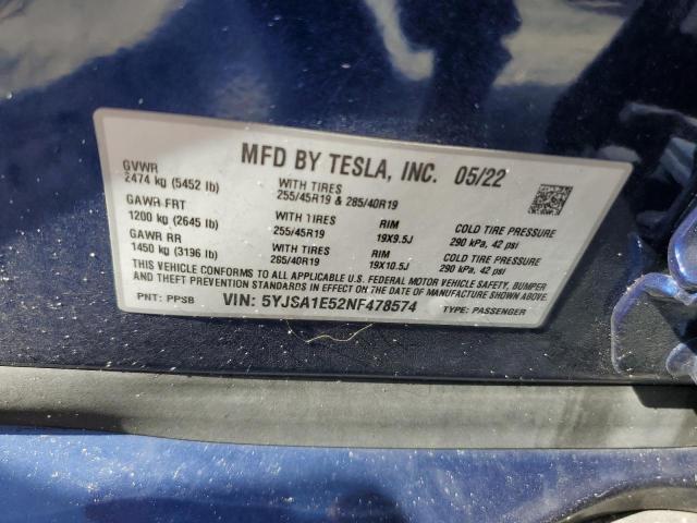 5YJSA1E52NF478574 - 2022 TESLA MODEL S BLUE photo 13