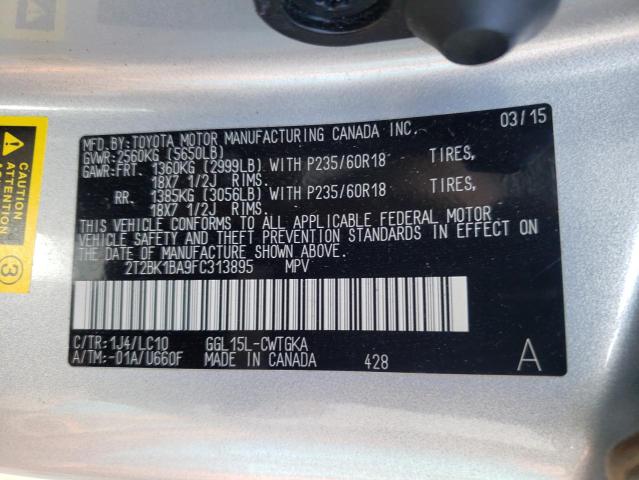 2T2BK1BA9FC313895 - 2015 LEXUS RX 350 BASE SILVER photo 12