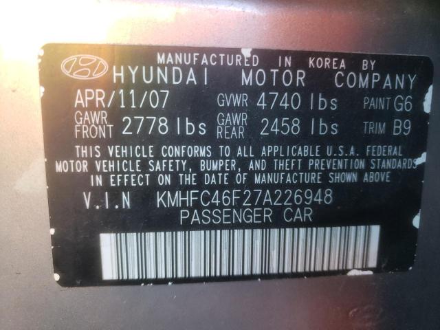 KMHFC46F27A226948 - 2007 HYUNDAI AZERA SE GRAY photo 12