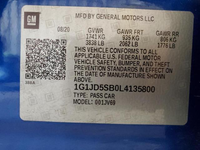 1G1JD5SB0L4135800 - 2020 CHEVROLET SONIC LT BLUE photo 12