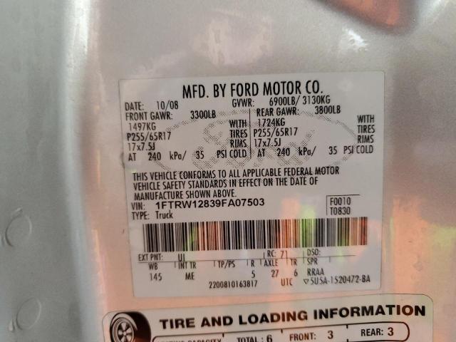 1FTRW12839FA07503 - 2009 FORD F150 SUPERCREW SILVER photo 12