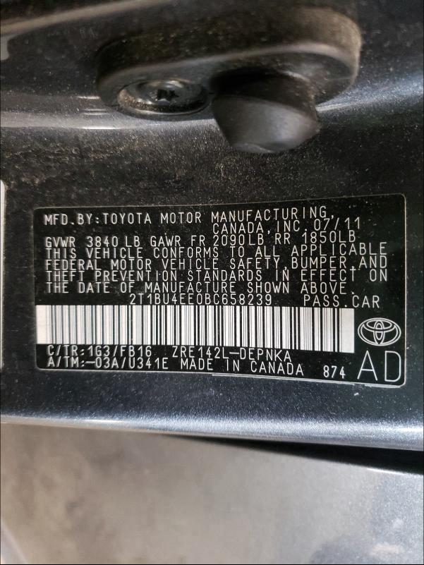 2T1BU4EE0BC658239 - 2011 TOYOTA COROLLA BASE GRAY photo 10