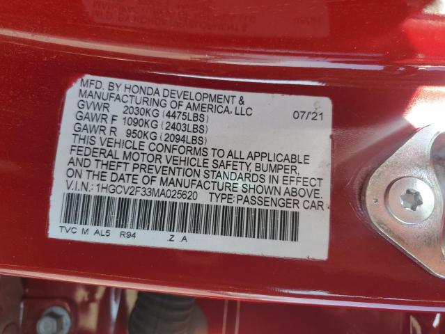 1HGCV2F33MA025620 - 2021 HONDA ACCORD SPORT RED photo 13