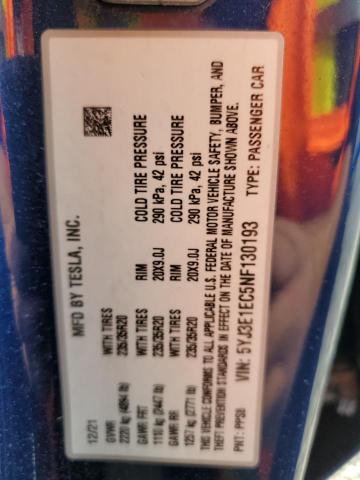 5YJ3E1EC5NF130193 - 2022 TESLA MODEL 3 Mavi foto 13