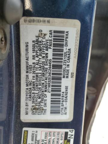 2T1KR32E34C244455 - 2004 TOYOTA MATRIX XR BLUE photo 12