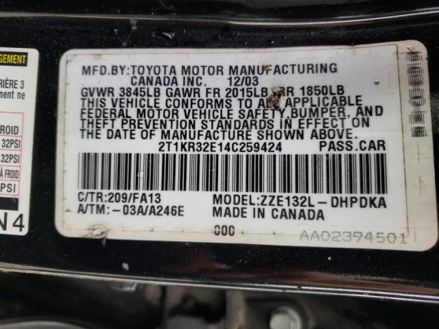 2T1KR32E14C259424 - 2004 TOYOTA COROLLA MA XR BLACK photo 10