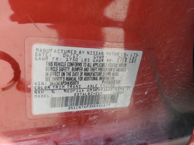 3N1CN7AP3HK450879 - 2017 NISSAN VERSA S RED photo 12