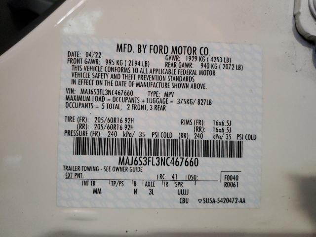 MAJ6S3FL3NC467660 - 2022 FORD ECOSPORT S WHITE photo 13