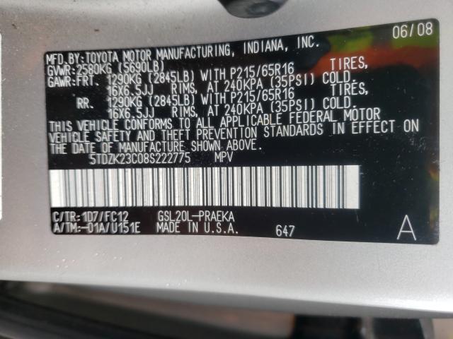 5TDZK23C08S222775 - 2008 TOYOTA SIENNA CE SILVER photo 10