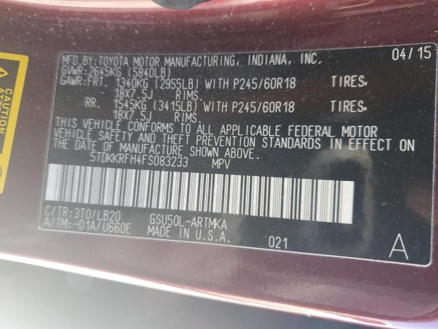 5TDKKRFH4FS083233 - 2015 TOYOTA HIGHLANDER XLE Կարմիր լուսանկար 13