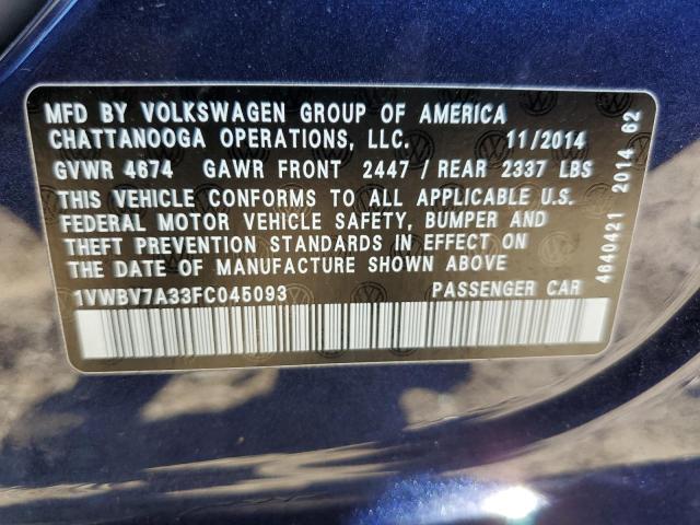 1VWBV7A33FC045093 - 2015 VOLKSWAGEN PASSAT SE BLUE photo 12