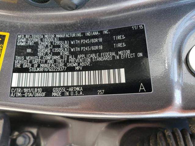 5TDJKRFH7GS229377 - 2016 TOYOTA HIGHLANDER XLE Մոխրագույն լուսանկար 13