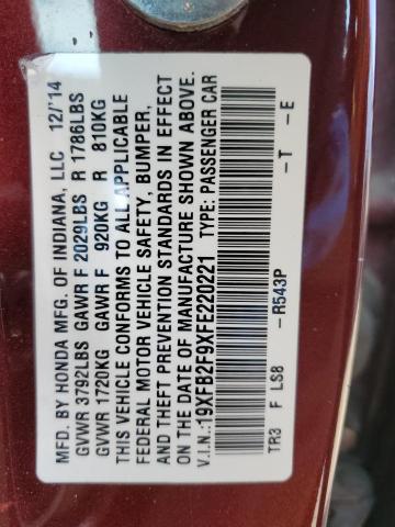 19XFB2F9XFE220221 - 2015 HONDA CIVIC EXL 勃艮第红 照片 12
