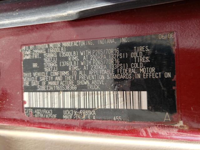 5TBET34116S538366 - 2006 TOYOTA TUNDRA DOUBLE CAB SR5 MAROON photo 12