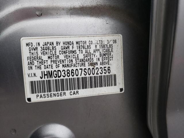 JHMGD38607S002356 - 2007 HONDA FIT S SILVER photo 10