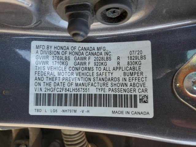 2HGFC2F84LH567551 - 2020 HONDA CIVIC SPORT 灰色 照片 12