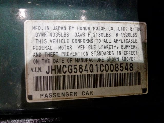 JHMCG56401C008548 - 2001 HONDA ACCORD LX  photo 10