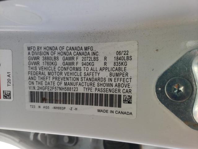 2HGFE2F57NH588123 - 2022 HONDA CIVIC SPORT 白色 照片 12