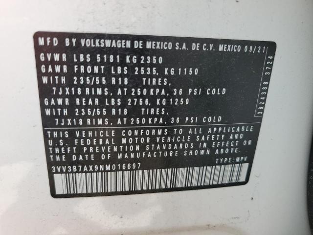 3VV3B7AX9NM016697 - 2022 VOLKSWAGEN TIGUAN SE WHITE photo 13