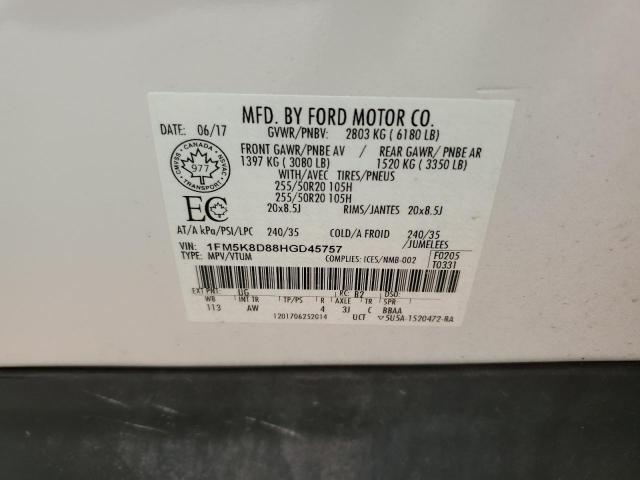 1FM5K8D88HGD45757 - 2017 FORD EXPLORER XLT WHITE photo 13