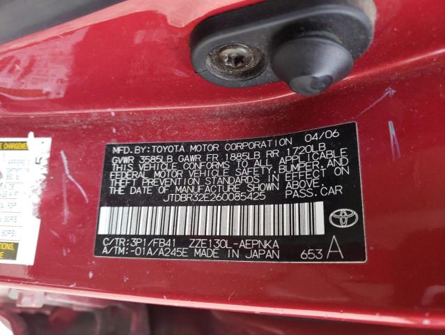 JTDBR32E260085425 - 2006 TOYOTA COROLLA CE RED photo 12