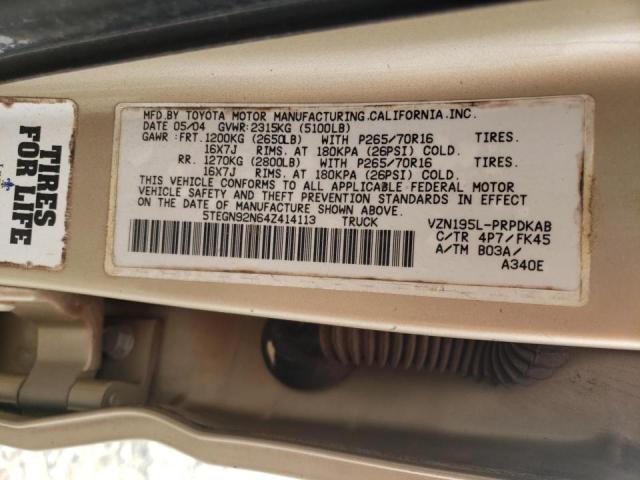 5TEGN92N64Z414113 - 2004 TOYOTA TACOMA DOUBLE CAB PRERUNNER GOLD photo 10